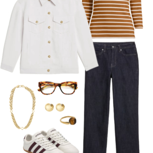 Look 22 from a travel-friendly and work-friendly fall capsule wardrobe for women over 40 in shades of chocolate brown, dusky blue, and bone