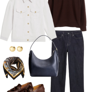 Look 23 from a travel-friendly and work-friendly fall capsule wardrobe for women over 40 in shades of chocolate brown, dusky blue, and bone
