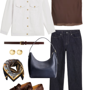 Look 24 from a travel-friendly and work-friendly fall capsule wardrobe for women over 40 in shades of chocolate brown, dusky blue, and bone