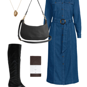 Look 25 from the teacher capsule wardrobe for fall featuring a Lands' End denim dress