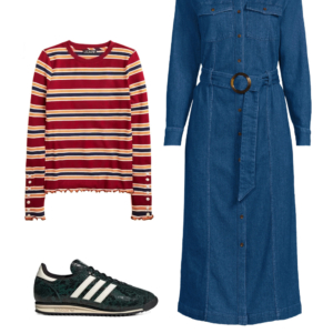 Look 26 from the teacher capsule wardrobe for fall featuring a Lands' End denim dress