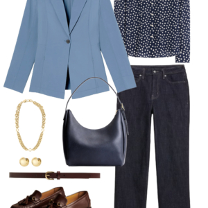 Look 26 from a travel-friendly and work-friendly fall capsule wardrobe for women over 40 in shades of chocolate brown, dusky blue, and bone