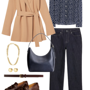 Look 27 from a travel-friendly and work-friendly fall capsule wardrobe for women over 40 in shades of chocolate brown, dusky blue, and bone