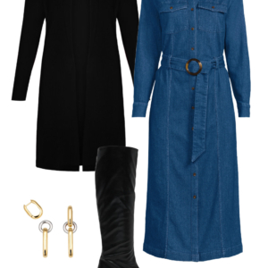 Look 28 from the teacher capsule wardrobe for fall featuring a Lands' End denim dress