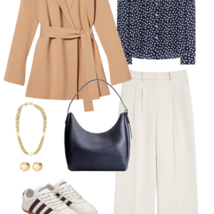 Look 28 from a travel-friendly and work-friendly fall capsule wardrobe for women over 40 in shades of chocolate brown, dusky blue, and bone