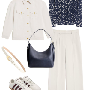 Look 29 from a travel-friendly and work-friendly fall capsule wardrobe for women over 40 in shades of chocolate brown, dusky blue, and bone
