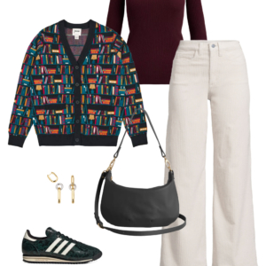 Look 3 from the teacher capsule wardrobe for fall featuring cream wide leg corduroy jeans
