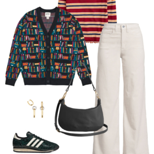 Look 4 from the teacher capsule wardrobe for fall featuring cream wide leg corduroy jeans