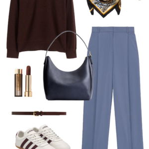 Look 3 from the work-friendly capsule wardrobe for women over 40 featuring an M.M.LaFleur OrigamiTech suit