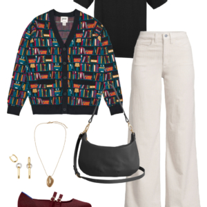 Look 5 from the teacher capsule wardrobe for fall featuring cream wide leg corduroy jeans