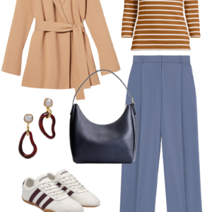 Look 5 from the work-friendly capsule wardrobe for women over 40 featuring an M.M.LaFleur OrigamiTech suit
