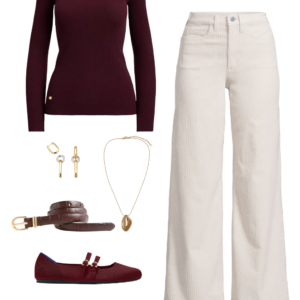 Look 6 from the teacher capsule wardrobe for fall featuring cream wide leg corduroy jeans