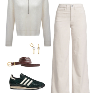 Look 7 from the teacher capsule wardrobe for fall featuring cream wide leg corduroy jeans