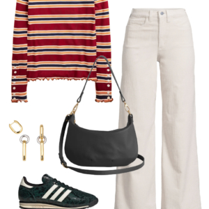 Look 8 from the teacher capsule wardrobe for fall featuring cream wide leg corduroy jeans