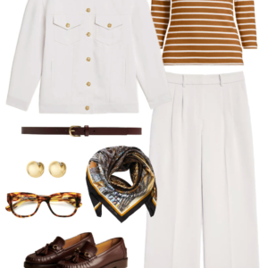 Look 9 from the work-friendly capsule wardrobe for women over 40 featuring a LOFT Versa pantsuit