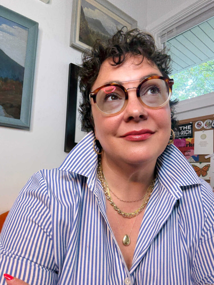 Alison Gary of Wardrobe Oxygen wearing glasses with EyeQLenz TM with Zenni ID Guard TM