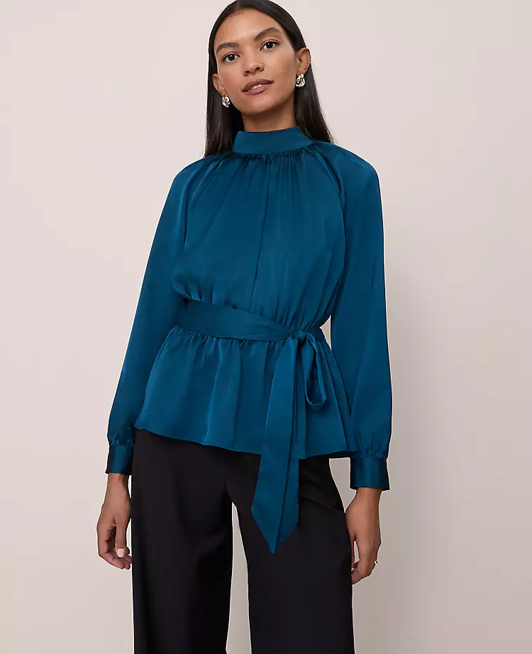 Ann Taylor Satin Tie Waist Blouse