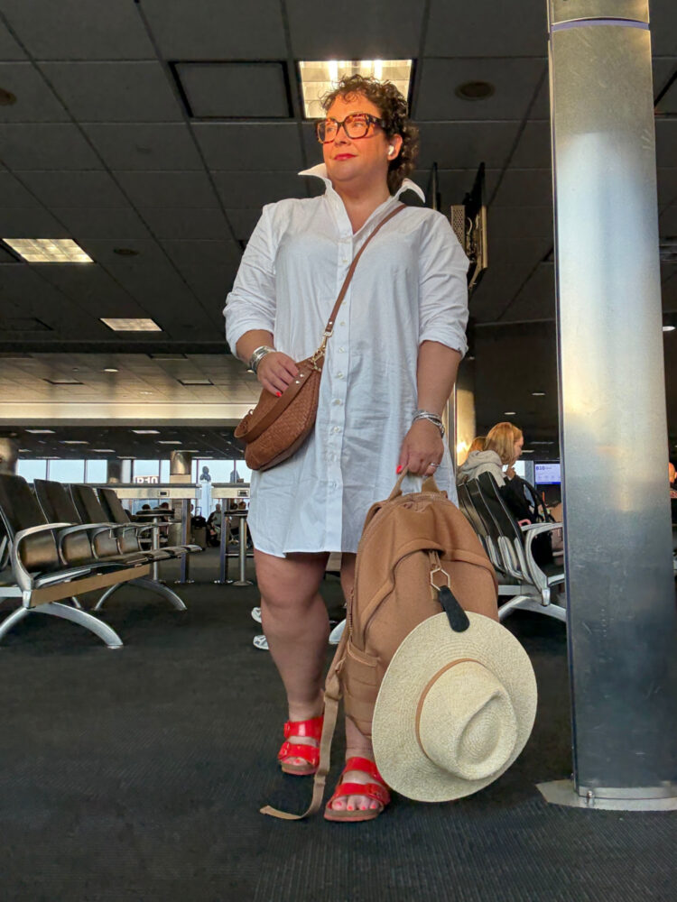 alison gary of wardrobe oxygen in a the shirt by rochelle behrens WFH dress ready to take a flight to miami