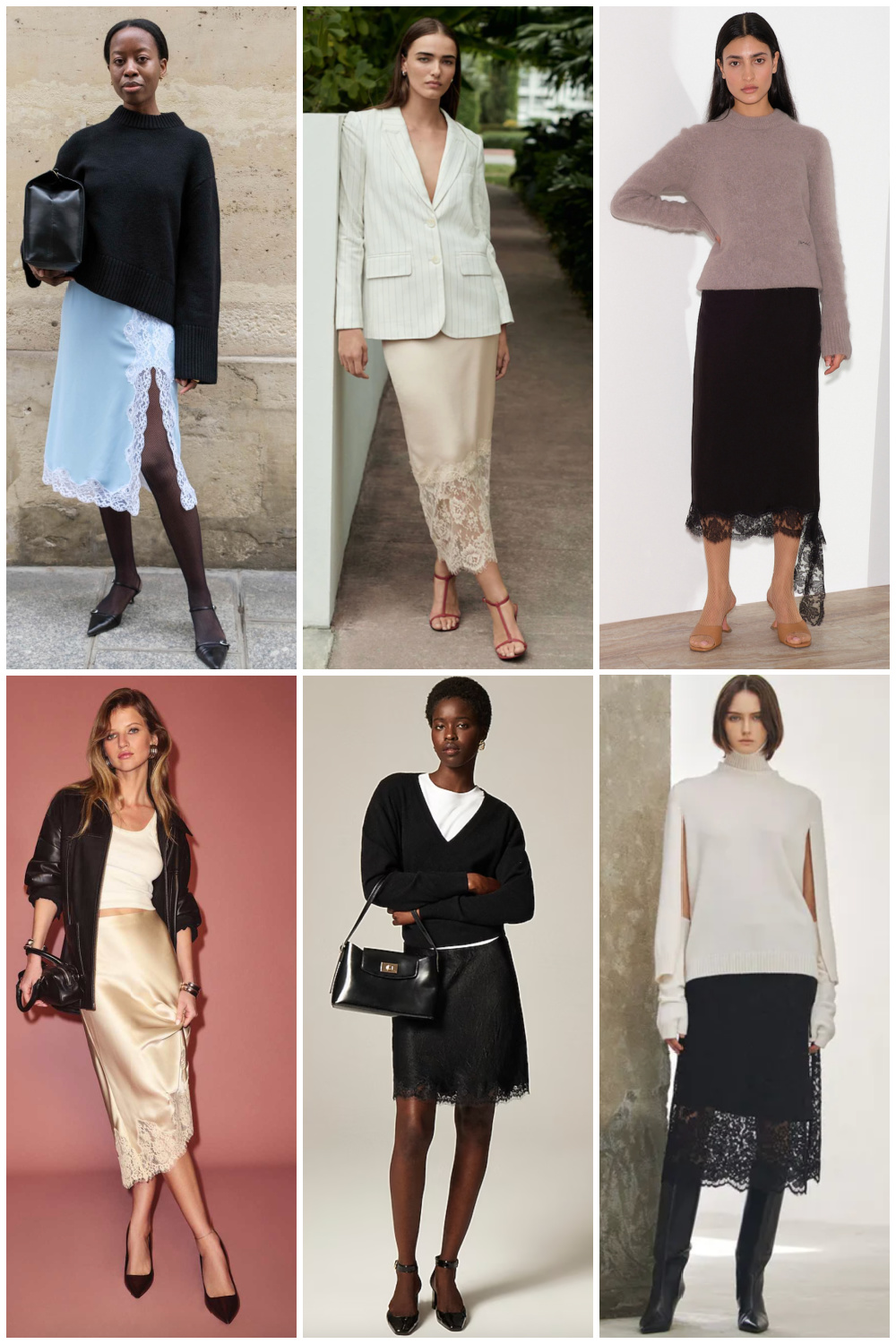 six women wearing lace trimmed slip skirts for fall 2025