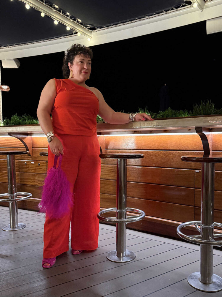 over 40 what I wore for scarlet night on virgin voyages