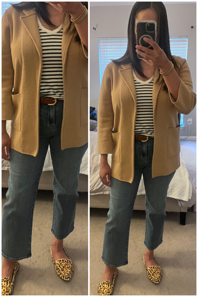 woman trying on the Quince Bella stretch straight jeans in midsize 30 and finding them too snug