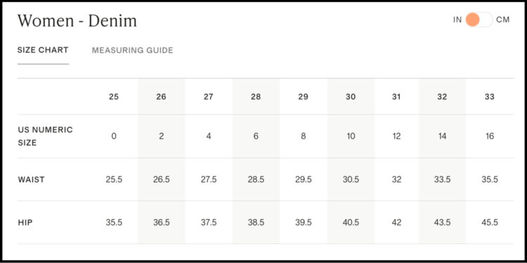 quince denim size chart for women