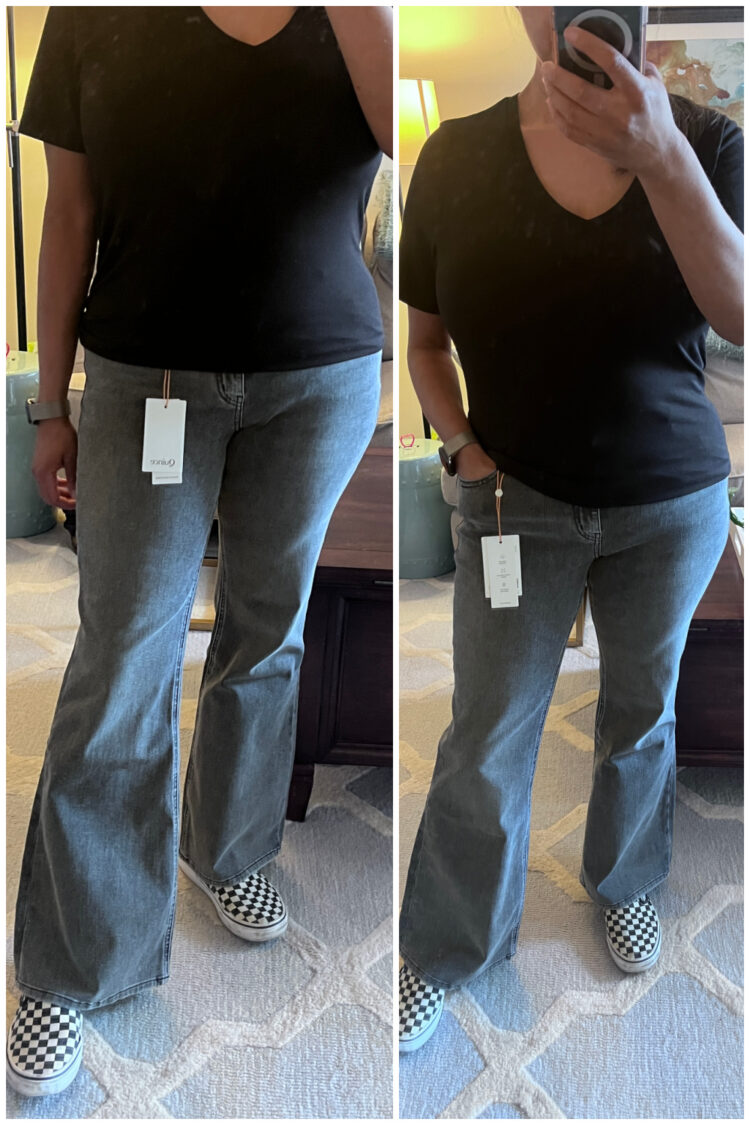 Woman trying on the Quince Luna Stretch Flare Jeans in the color Grayed Out in size 30 and reviewing them for Wardrobe Oxygen