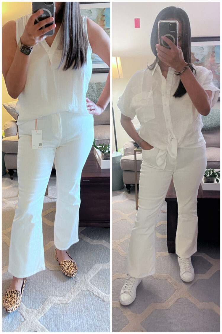 woman trying on the quince bella stretch kick flare jean in white in a midsize denim 30 size for a quince jeans review on wardrobe oxygen