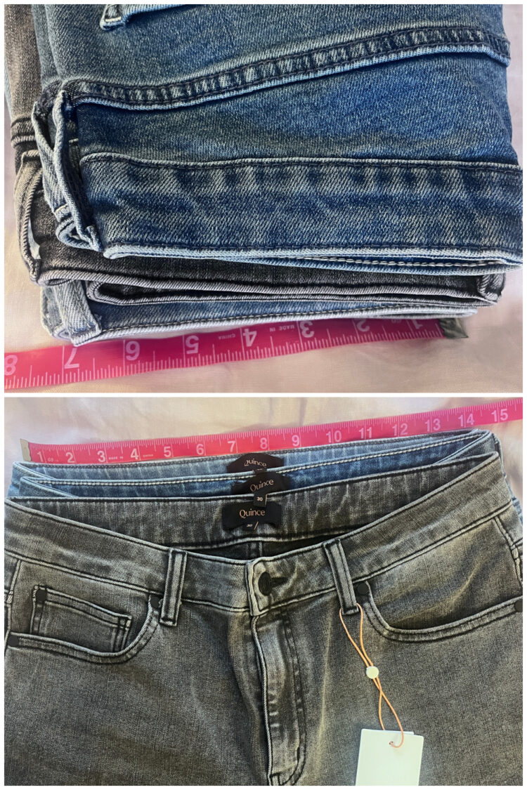 showing the discrepancy of size in Quince jeans