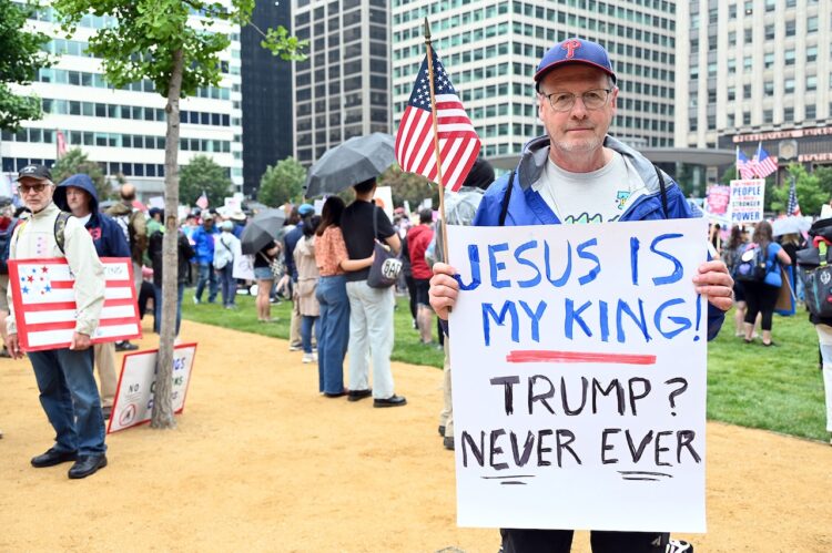 Don O’Neill, an evangelical Christian, attends a “No Kings” protest, June 14, 2025, in Philadelphia.