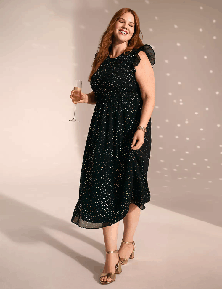 The Foil Shimmer Flutter-Sleeve Smocked-Bodice Midi Dress
