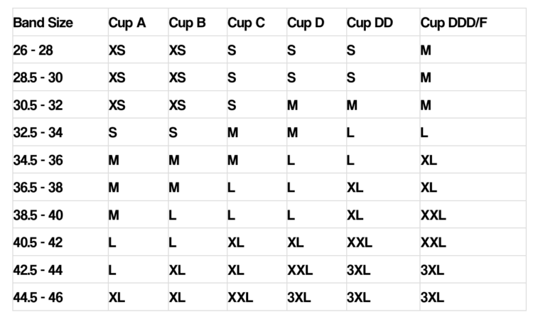 Forme Bra Review in Midlife: Support, Comfort, or Just Influencer Hype? 4 the Forme Power+ Bra size chart from the brand website