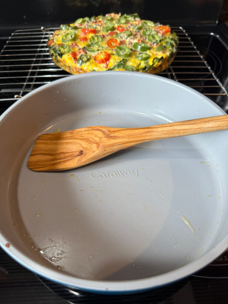My Husband Wanted to Write This Caraway Bakeware Review (He's a Fan) 9 baking a frittata in the caraway home round pan from the baking set