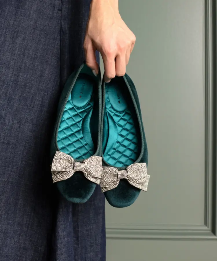 Stylish Clip-On Earrings That Don't Look Dated 9 Teal flats with jeweled bow detail from Birdies