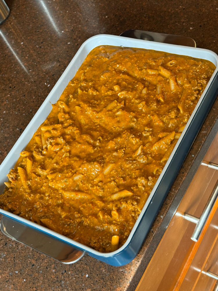 My Husband Wanted to Write This Caraway Bakeware Review (He's a Fan) 3 pasta bake casserole in blue caraway home baking dish