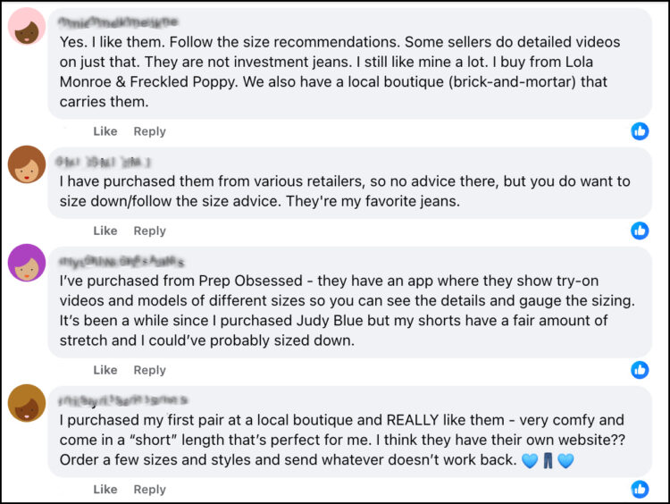 The Most Popular Jeans for Women Over 40 Based on the Wardrobe Oxygen Community 15 screenshot from the Wardrobe Oxygen community of women over 40 sharing their love of Judy Blue jeans, offering advice to size down, and the best places to shop for these stretchy jeans for women