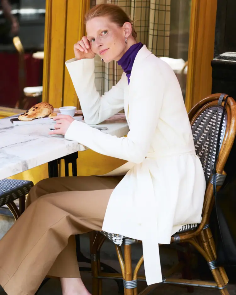 It's Layering Season... And These Top Layers are Tops 4 The M.M.LaFleur Merritt Wrap Jardigan in ivory styled with a navy turtleneck and camel trousers