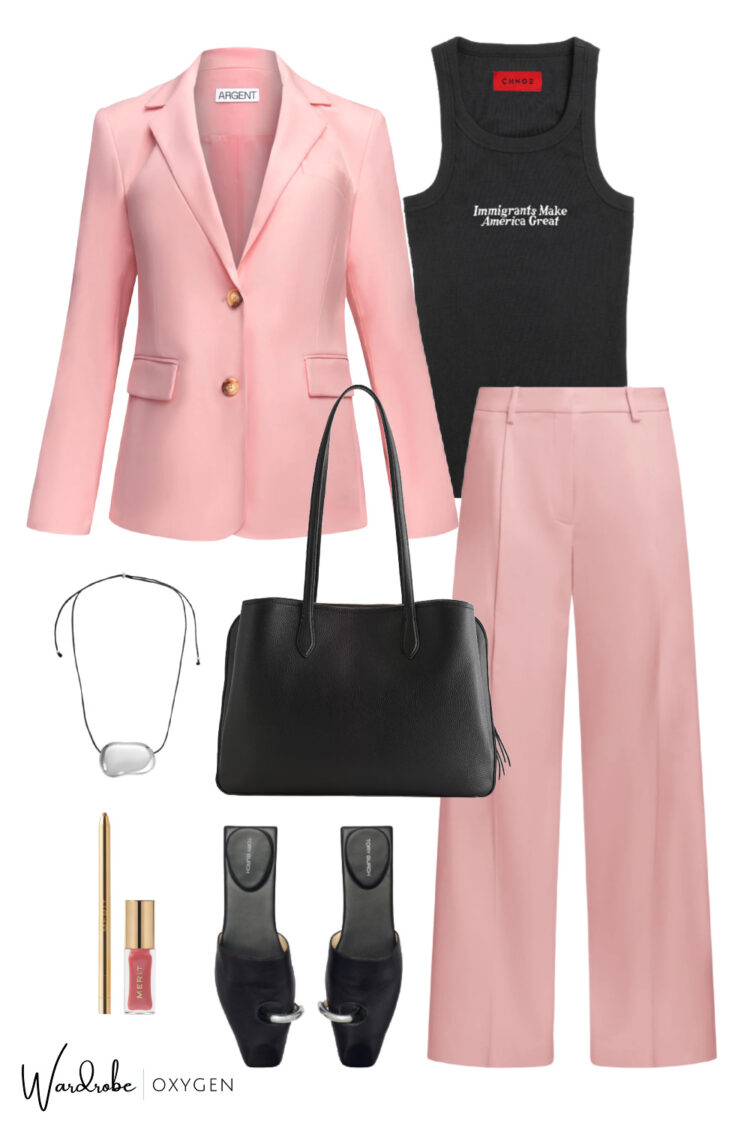 How to Style a Graphic Tee for the Workplace 3 how to style a graphic t shirt for work with a suit by wardrobe oxygen featuring pink suiting from argent and tory burch pierced mules