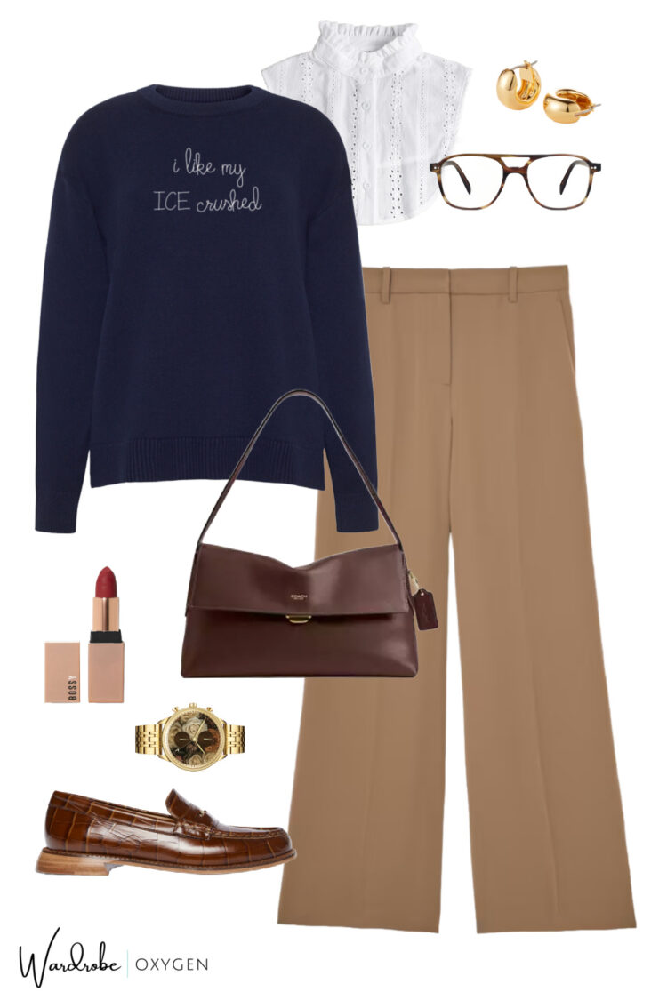 How to Style a Graphic Tee for the Workplace 1 styling a ligua franca embroidered sweater for the workplace with M.M.LaFleur trousers and Freda Salvador loafers