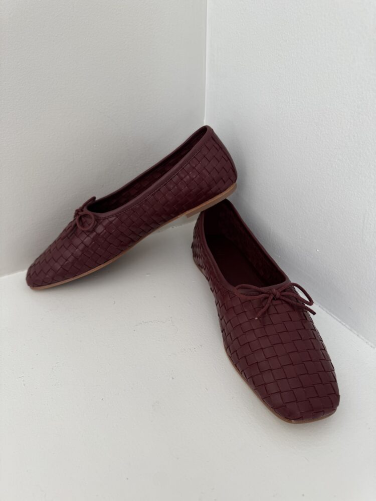 Quince Shoes Review: Italian Leather Boots, Loafers, and Flats Tested by a Real Woman in Her 50s 6 Quince Italian Leather Handwoven Square Toe Ballet Flat in Merlot review by Wardrobe Oxygen