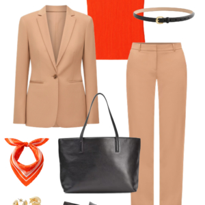 Spring 2026 petite and midsize capsule wardrobe outfit 1: camel blazer, orange ribbed tank, camel trousers, black tote