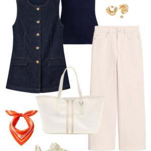 Spring 2026 petite and midsize capsule wardrobe outfit 10: denim vest, navy tee, cream wide-leg jeans, cream tote, orange bandana scarf