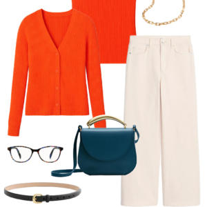 Spring 2026 petite and midsize capsule wardrobe outfit 11: orange cardigan, orange ribbed tank, cream wide-leg jeans, teal crossbody bag, loafers