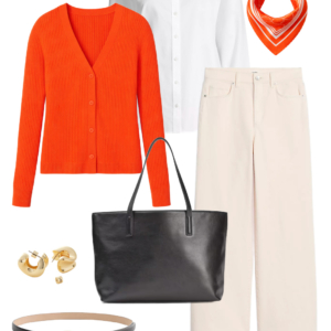 Spring 2026 petite and midsize capsule wardrobe outfit 12: orange cardigan, white button-down shirt, cream wide-leg jeans, black tote, orange bandana scarf
