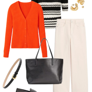 Spring 2026 petite and midsize capsule wardrobe outfit 13: orange cardigan, black and white striped sweater, cream wide-leg jeans, black tote, loafers