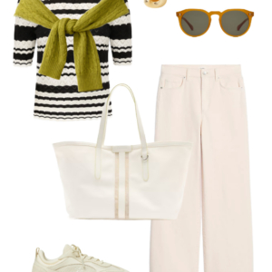 Spring 2026 petite and midsize capsule wardrobe outfit 14: black and white striped sweater, lime cable-knit sweater tied over shoulders, cream wide-leg jeans, cream tote, sneakers