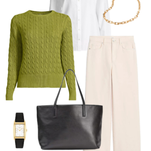 Spring 2026 petite and midsize capsule wardrobe outfit 15: lime cable-knit sweater, white button-down shirt, cream wide-leg jeans, black tote, loafers