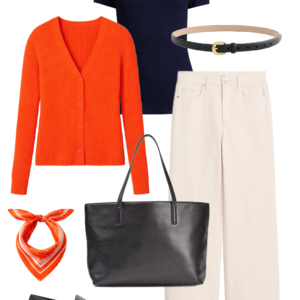 Spring 2026 petite and midsize capsule wardrobe outfit 17: orange cardigan, navy tee, cream wide-leg jeans, black tote, orange bandana scarf, loafers
