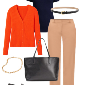 Spring 2026 petite and midsize capsule wardrobe outfit 18: orange cardigan, navy tee, camel trousers, black tote, loafers