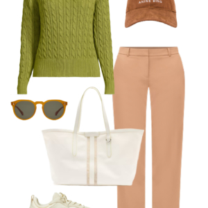 Spring 2026 petite and midsize capsule wardrobe outfit 19: lime cable-knit sweater, camel trousers, cream tote, sneakers, baseball cap